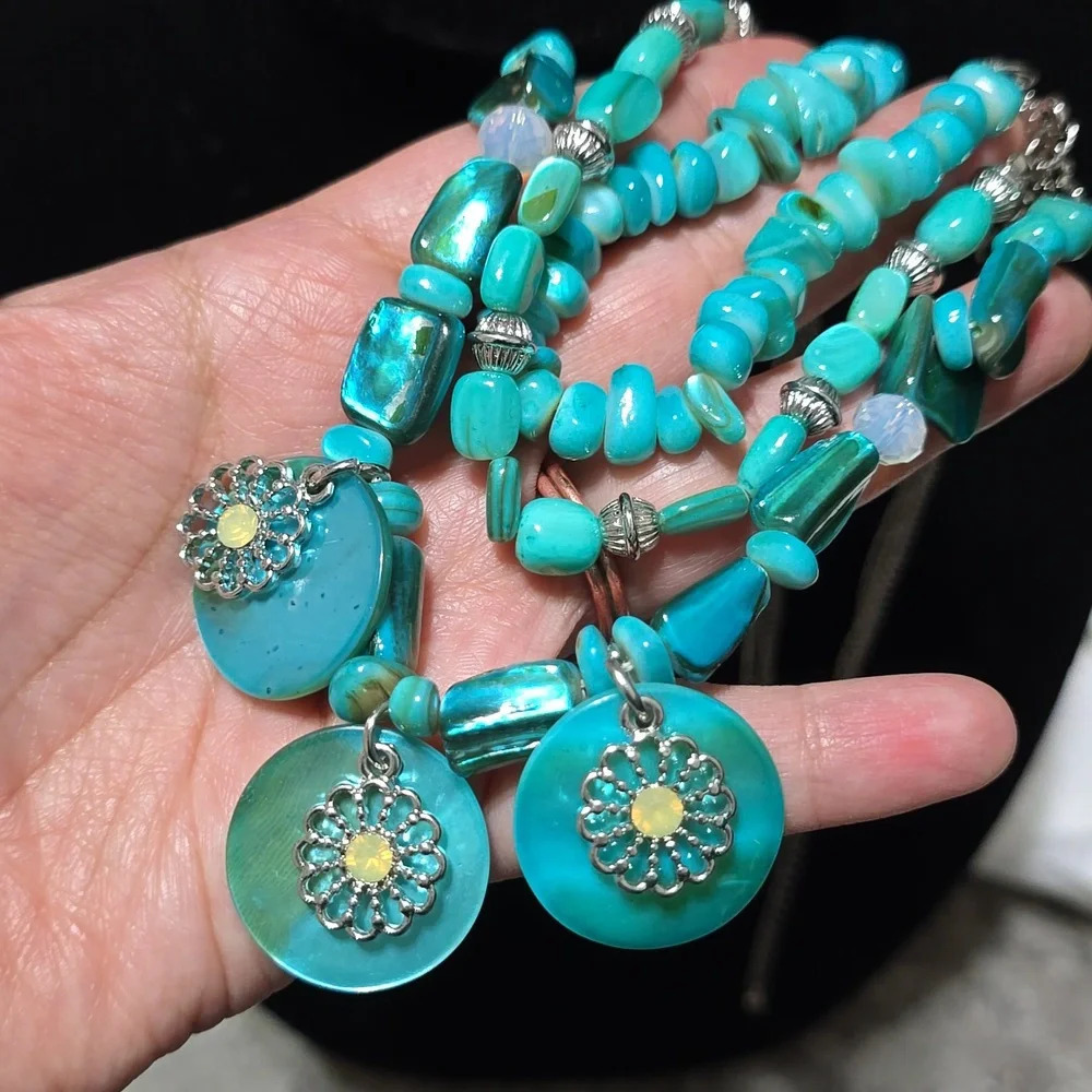 NEW Blue Turquoise Multi Strand Tiered Statement Necklace, Boho, Southwestern - Picture 10 of 12